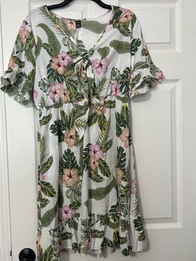 SHEIN White Tropical Floral Tie-Front Dress with Green Leaves and Pink Flowers